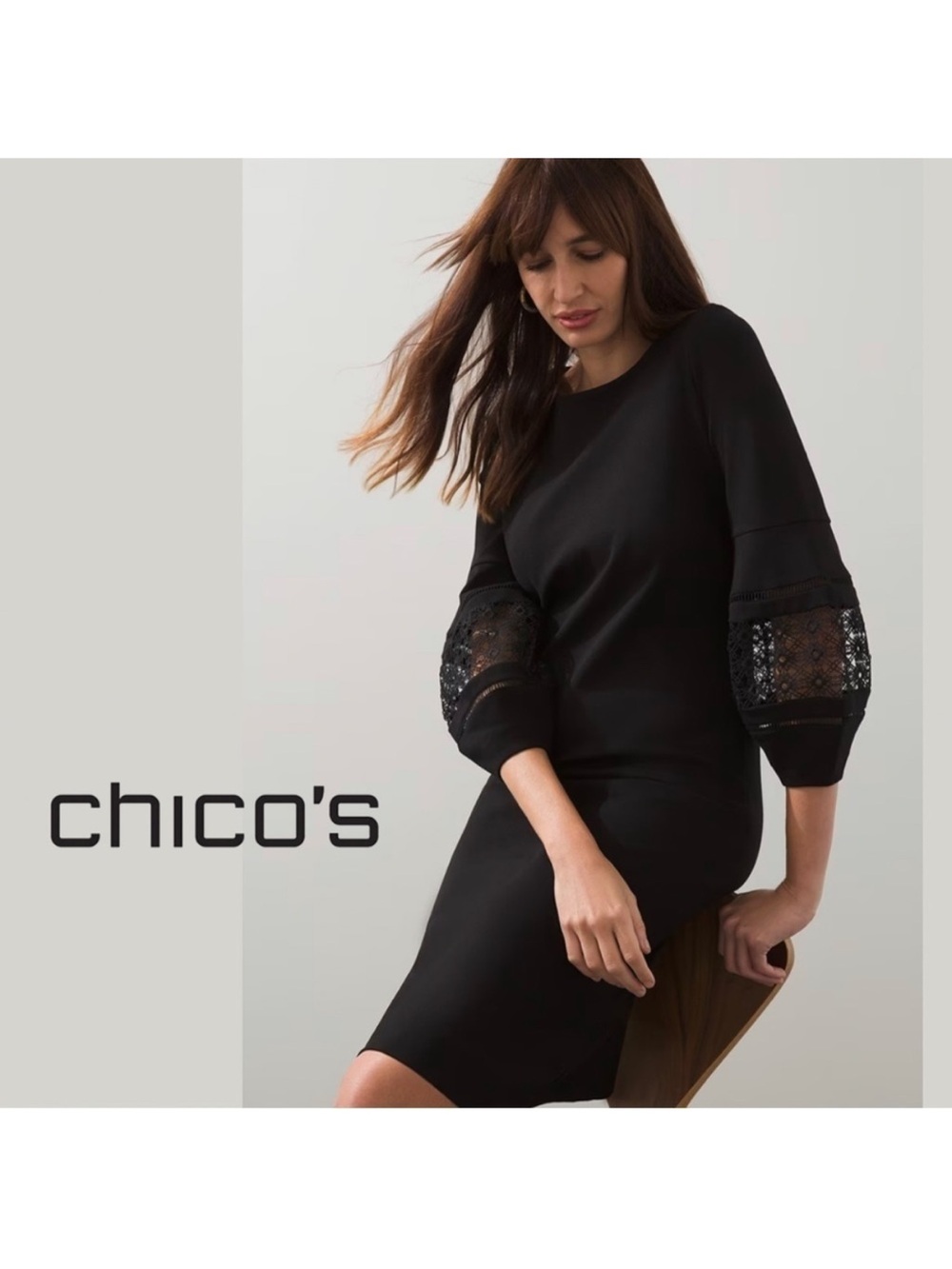 $159 NWT Chico's Chic Sleeve Ponte Dress In Black. Eyelet Balloon Sleeve. 0.5/6